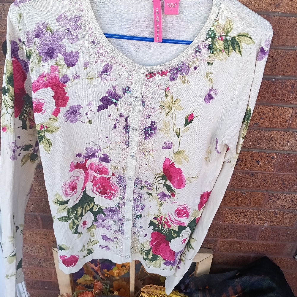 Charlotte Floral  Sequin Long Sleeve Shirt- Large